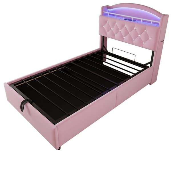 Børneseng med sengebund 90x200cm - fløjl - - med LED - med USB - pink (madras medfølger ikke)