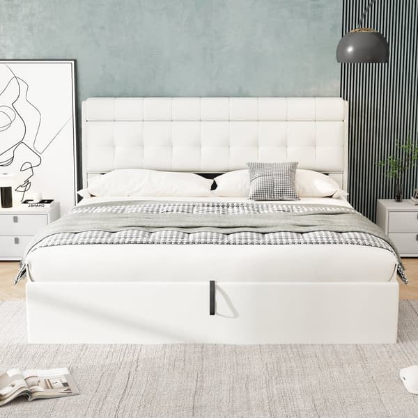 Seng med opbevaringsplads 180x200 cm - lavet af imiteret læder - sengegavl med opbevaringsplads - hvid