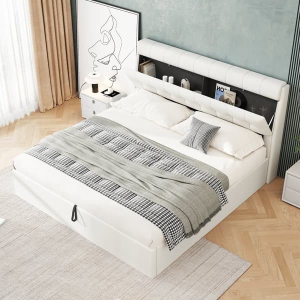 Seng med opbevaringsplads 180x200 cm - lavet af imiteret læder - sengegavl med opbevaringsplads - hvid