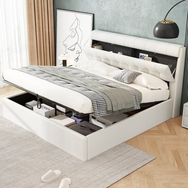 Seng med opbevaringsplads 180x200 cm - lavet af imiteret læder - sengegavl med opbevaringsplads - hvid