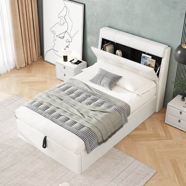 Seng med opbevaringsplads 90x200 cm - lavet af kunstlæder - sengegavl med opbevaringsplads - hvid