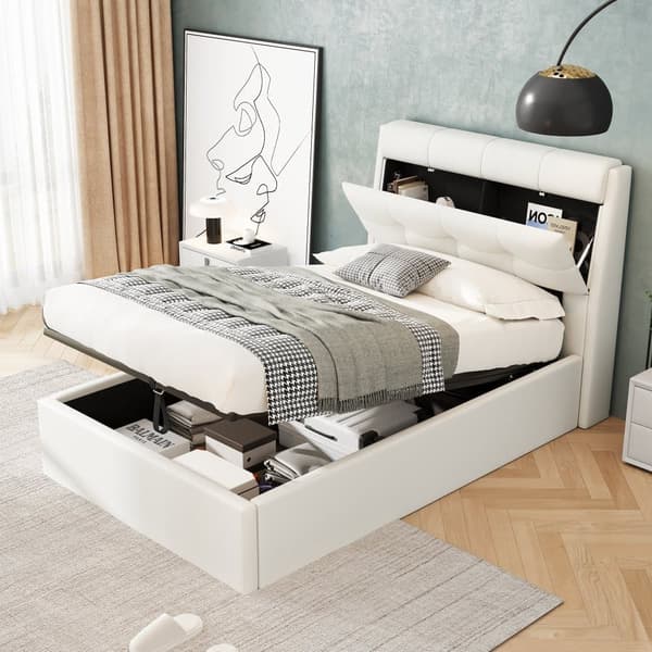 Seng med opbevaringsplads 90x200 cm - lavet af kunstlæder - sengegavl med opbevaringsplads - hvid
