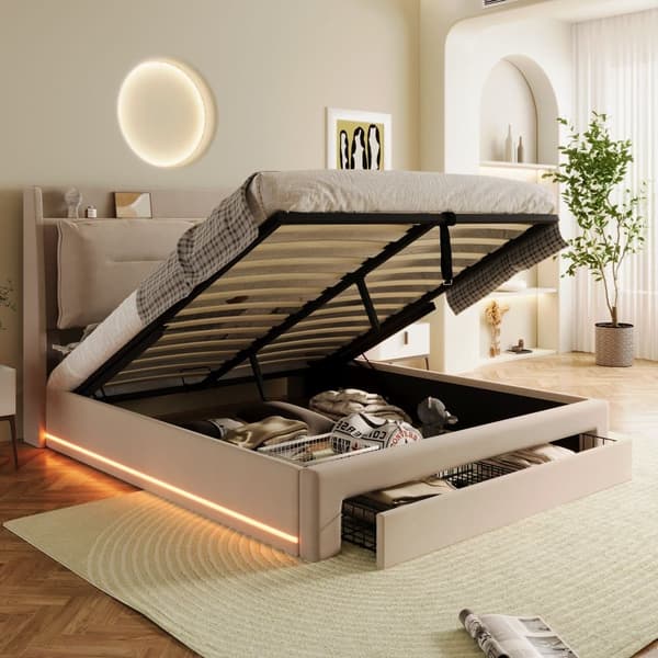 Polstret seng med Velour opbevaringsplads - 140 x 190 cm - 2 skuffer ved fodenden af sengen - LED-lysstrimmel indlejret i fodenden af sengen - Beige