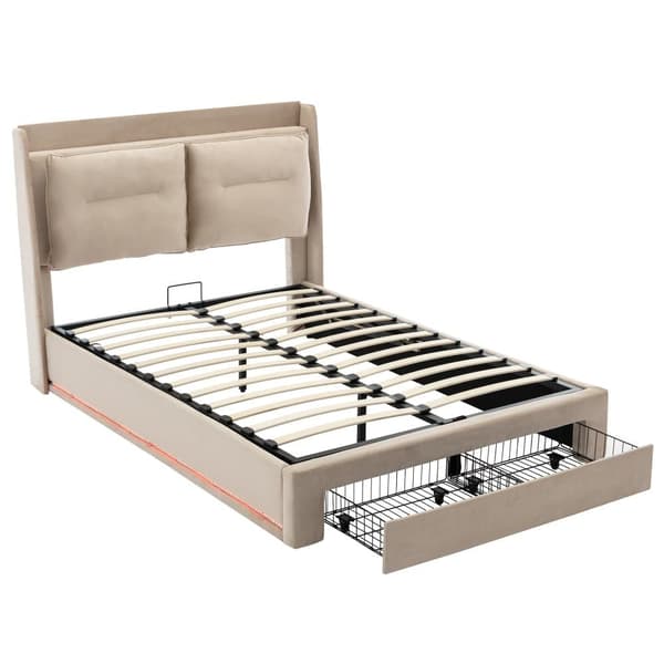 Polstret seng med Velour opbevaringsplads - 140 x 190 cm - 2 skuffer ved fodenden af sengen - LED-lysstrimmel indlejret i fodenden af sengen - Beige