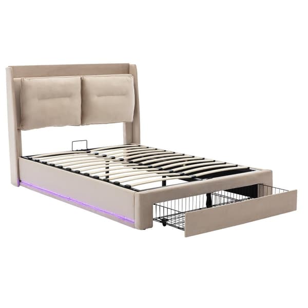 Polstret seng med Velour opbevaringsplads - 140 x 190 cm - 2 skuffer ved fodenden af sengen - LED-lysstrimmel indlejret i fodenden af sengen - Beige