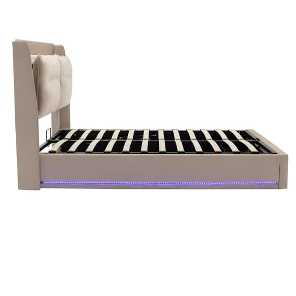 Polstret seng med Velour opbevaringsplads - 140 x 190 cm - 2 skuffer ved fodenden af sengen - LED-lysstrimmel indlejret i fodenden af sengen - Beige