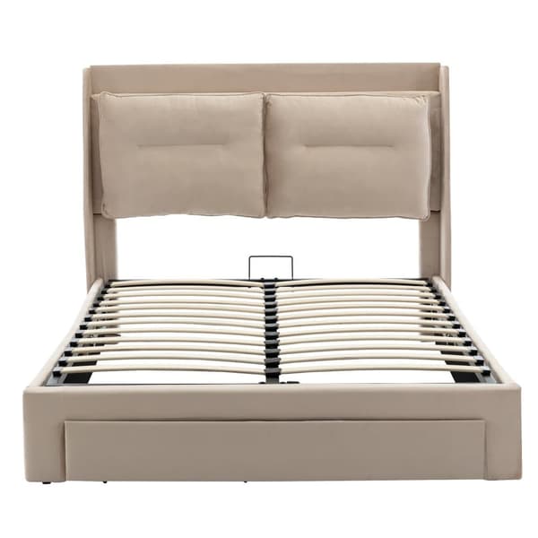 Polstret seng med Velour opbevaringsplads - 140 x 190 cm - 2 skuffer ved fodenden af sengen - LED-lysstrimmel indlejret i fodenden af sengen - Beige