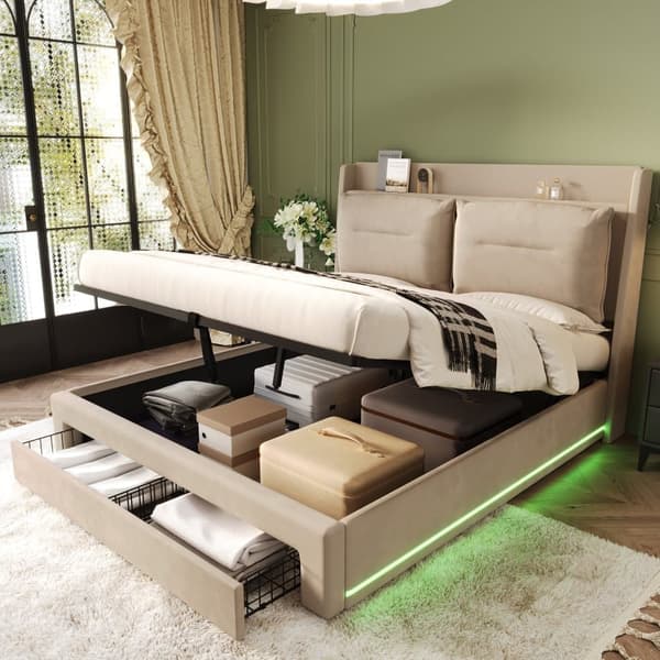 Polstret seng med Velour opbevaringsplads - 140 x 190 cm - 2 skuffer ved fodenden af sengen - LED-lysstrimmel indlejret i fodenden af sengen - Beige