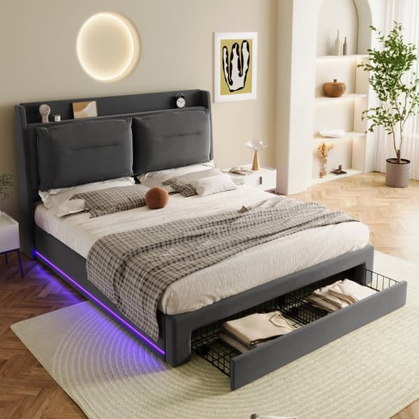Fløjlsseng med opbevaringsplads - 180 x 200 cm - 2 skuffer ved fodenden af sengen - LED-lysbånd indlejret ved fodenden af sengen - Grå (uden madras)