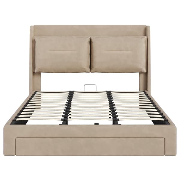 Fløjlsseng med opbevaringsplads - 180 x 200 cm - 2 skuffer ved fodenden af sengen - LED-lysstrimmel indlejret i fodenden af sengen - Beige