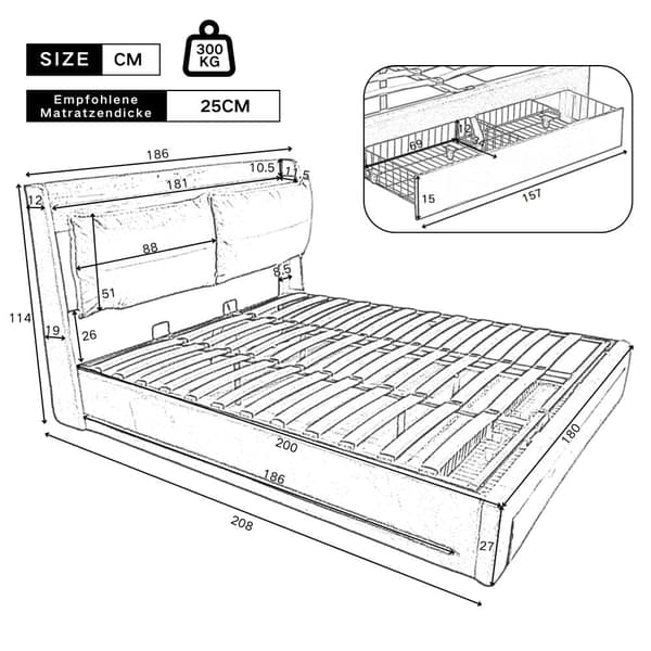 Fløjlsseng med opbevaringsplads - 180 x 200 cm - 2 skuffer ved fodenden af sengen - LED-lysstrimmel indlejret i fodenden af sengen - Beige
