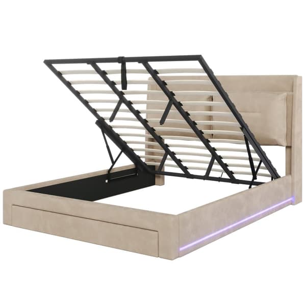 Fløjlsseng med opbevaringsplads - 180 x 200 cm - 2 skuffer ved fodenden af sengen - LED-lysstrimmel indlejret i fodenden af sengen - Beige