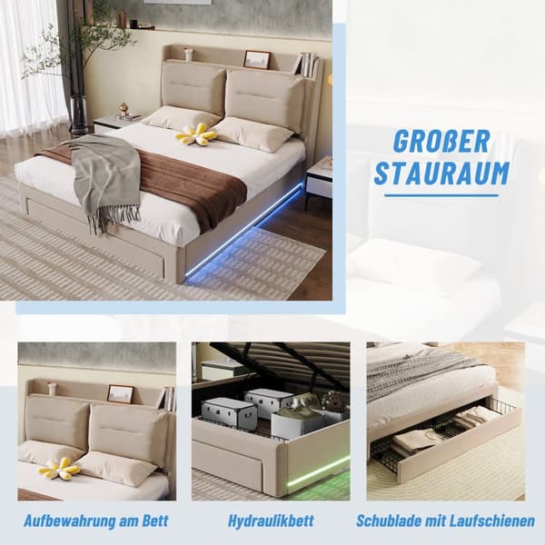 Fløjlsseng med opbevaringsplads - 180 x 200 cm - 2 skuffer ved fodenden af sengen - LED-lysstrimmel indlejret i fodenden af sengen - Beige