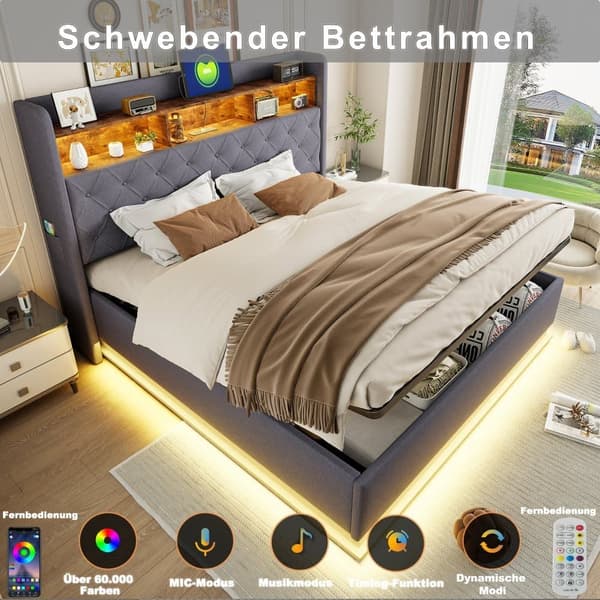 160x200 cm linnesäng med förvaringsutrymme - med LED- och USB-anslutningar - grå