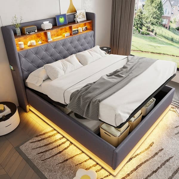 160x200 cm linnesäng med förvaringsutrymme - med LED- och USB-anslutningar - grå