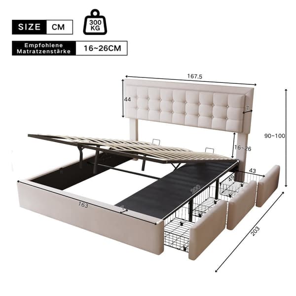 Opbevaringsseng med skuffer 160x200cm - betrukket med fløjl - med lamelramme - Beige