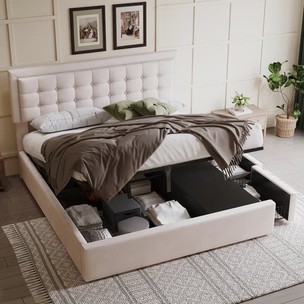 Opbevaringsseng med skuffer 160x200cm - betrukket med fløjl - med lamelramme - Beige