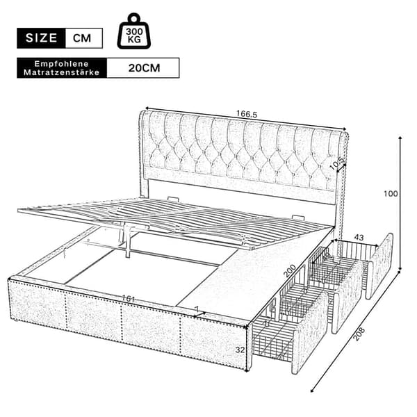 Polstret seng med opbevaring af sengelinned - 160 x 200 cm - med 3 skuffer og lamelramme - grå