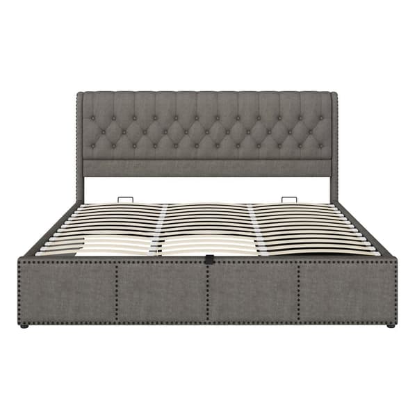 Klädd säng med förvaringsutrymme för linne - 180 x 200 cm - med 3 lådor och lamellram - grå