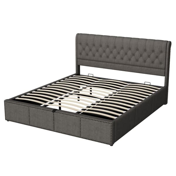 Klädd säng med förvaringsutrymme för linne - 180 x 200 cm - med 3 lådor och lamellram - grå