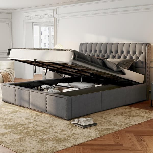 Klädd säng med förvaringsutrymme för linne - 180 x 200 cm - med 3 lådor och lamellram - grå