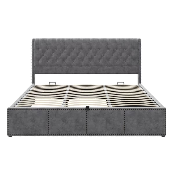 Velour opbevaringsseng - 160 x 200 cm - med 3 skuffer og lamelramme - grå