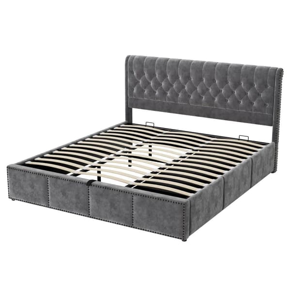 Velour opbevaringsseng - 160 x 200 cm - med 3 skuffer og lamelramme - grå
