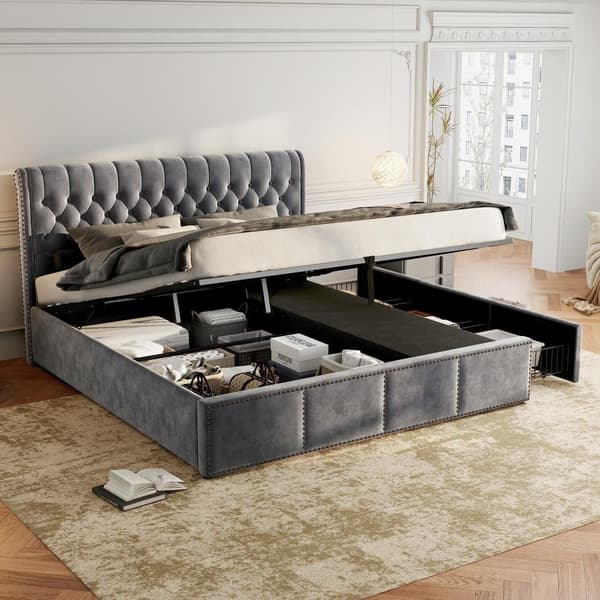 Velour opbevaringsseng - 160 x 200 cm - med 3 skuffer og lamelramme - grå