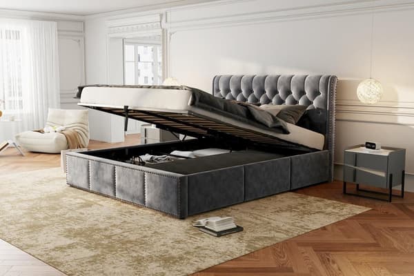Sammetsklädd förvaringssäng - 140 x 190 cm - med 3 lådor och lamellram - grå
