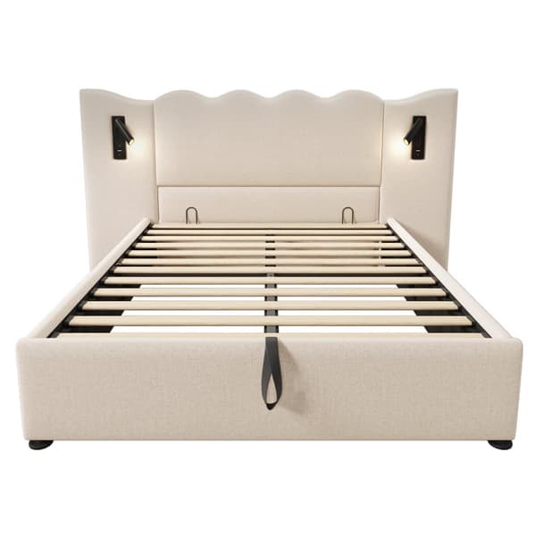Linnedseng med opbevaringsplads, 160 x 200 cm - med læselampe og skuffefunktion - med lamelramme - Beige