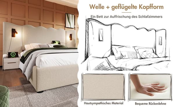 Linnedseng med opbevaringsplads, 160 x 200 cm - med læselampe og skuffefunktion - med lamelramme - Beige
