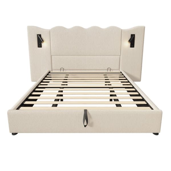 Opbevaringsseng 180 x 200 cm i fløjl - med læselampe og skuffefunktion - med lamelramme - Beige