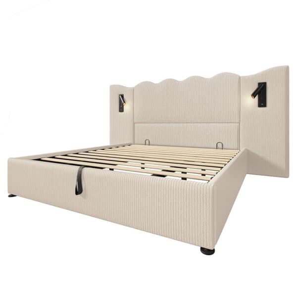 Opbevaringsseng 180 x 200 cm i fløjl - med læselampe og skuffefunktion - med lamelramme - Beige