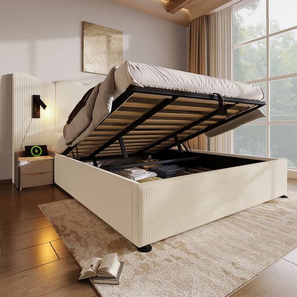 Opbevaringsseng 180 x 200 cm i fløjl - med læselampe og skuffefunktion - med lamelramme - Beige