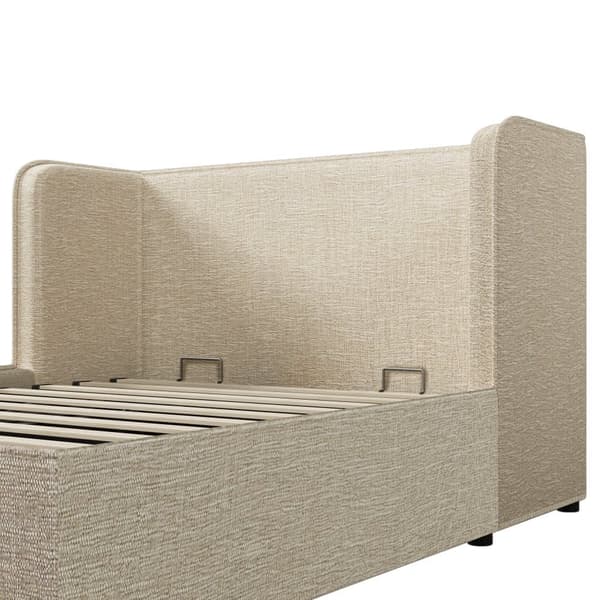 Polstret opbevaringsseng 180×200 cm med bred sengegavl - Hørstof - med lamelramme - Beige