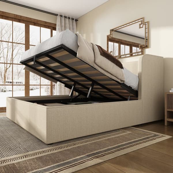 Polstret opbevaringsseng 180×200 cm med bred sengegavl - Hørstof - med lamelramme - Beige