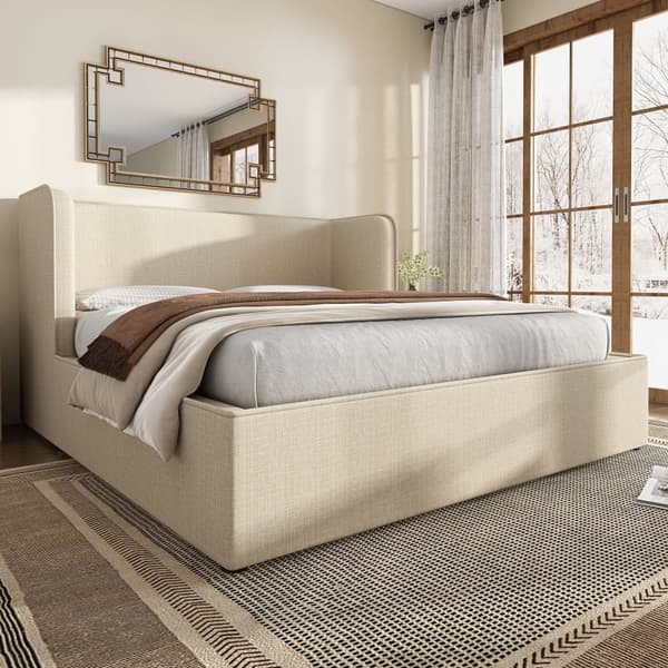Stoppad förvaringssäng 160×200 cm med bred huvudgavel - Linnetyg - med lamellram - Beige