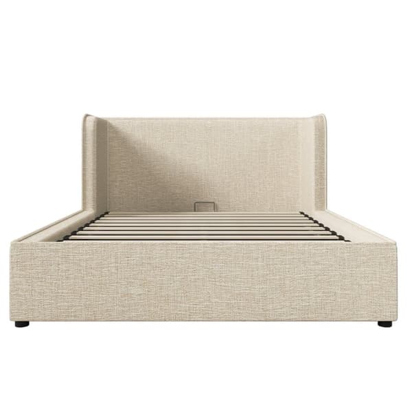 Stoppad förvaringssäng 160×200 cm med bred huvudgavel - Linnetyg - med lamellram - Beige