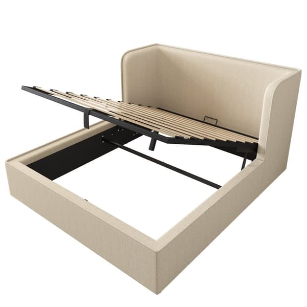 Stoppad förvaringssäng 160×200 cm med bred huvudgavel - Linnetyg - med lamellram - Beige
