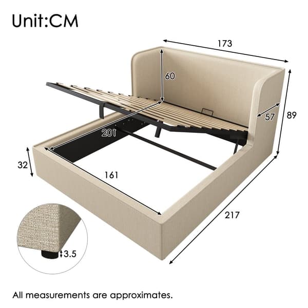 Stoppad förvaringssäng 160×200 cm med bred huvudgavel - Linnetyg - med lamellram - Beige