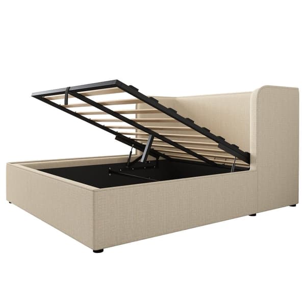 Stoppad förvaringssäng 160×200 cm med bred huvudgavel - Linnetyg - med lamellram - Beige