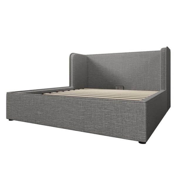 Polstret opbevaringsseng 160×200 cm med bred sengegavl - Hørstof - med lamelramme - Grå