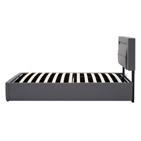 90 x 190 cm opbevaringsseng i imiteret læder med LED - med opladningstilslutninger (kablet og trådløs) - grå