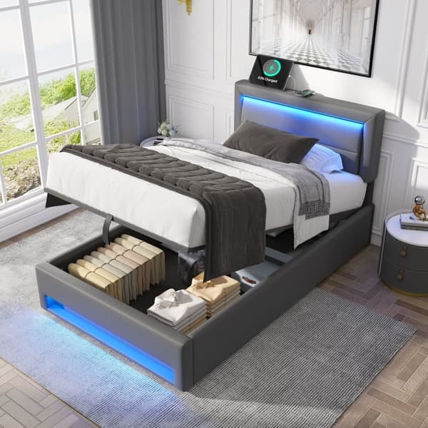 90 x 190 cm opbevaringsseng i imiteret læder med LED - med opladningstilslutninger (kablet og trådløs) - grå