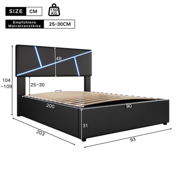 Sengebund 90 x 200 cm i imiteret læder - med LED og lamelramme - sort
