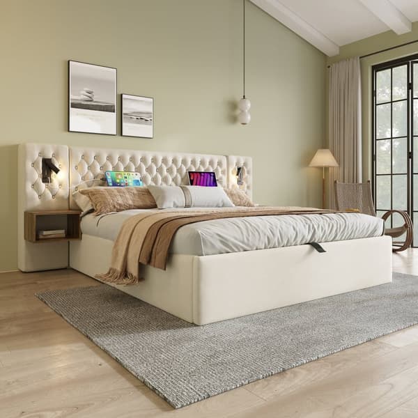 Sammetssäng med förvaringsutrymme 160 x 200 cm - 2 sängbord + 2 läslampor med USB-anslutning - Beige (madrass ingår ej)