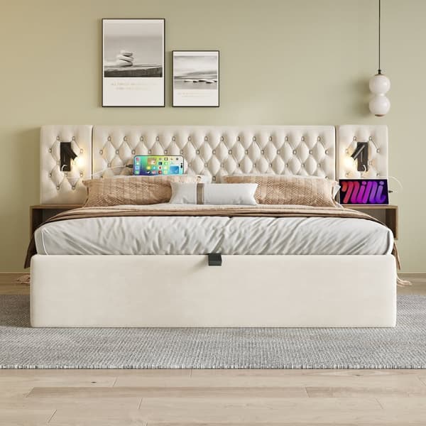 Sammetssäng med förvaringsutrymme 160 x 200 cm - 2 sängbord + 2 läslampor med USB-anslutning - Beige (madrass ingår ej)