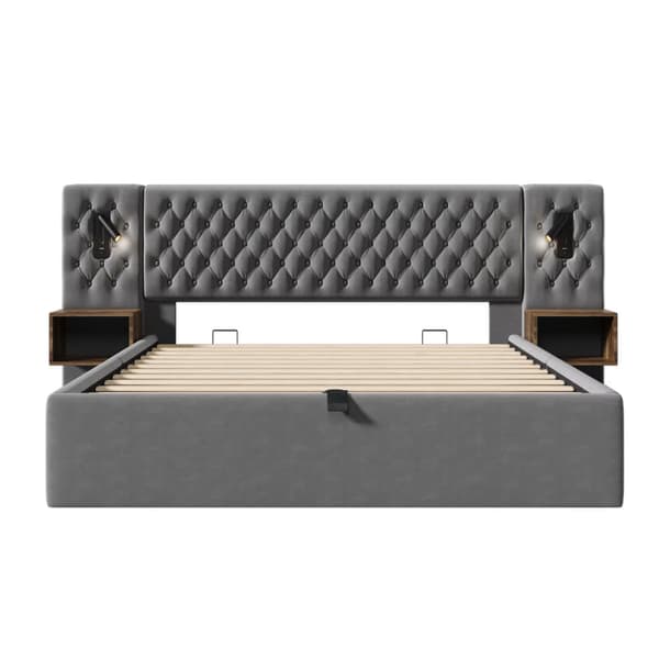 Sammetssäng med förvaringsutrymme 160 x 200 cm - 2 sängbord + 2 läslampor med USB-anslutning - Grå (madrass ingår ej)