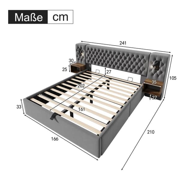 Sammetssäng med förvaringsutrymme 160 x 200 cm - 2 sängbord + 2 läslampor med USB-anslutning - Grå (madrass ingår ej)