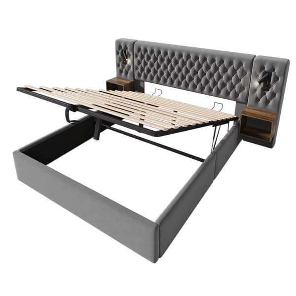 Sammetssäng med förvaringsutrymme 160 x 200 cm - 2 sängbord + 2 läslampor med USB-anslutning - Grå (madrass ingår ej)